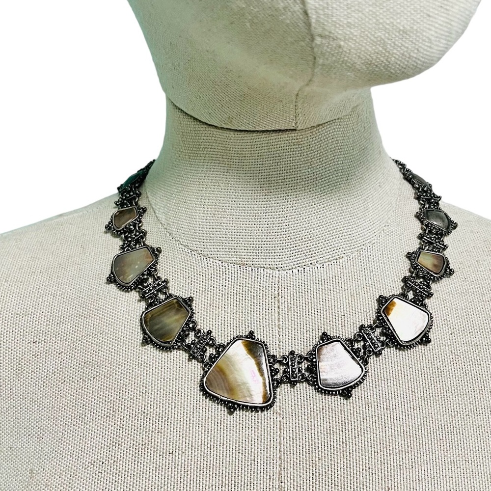 Silver Mother of Pearl Elegant patterned Statement Necklace